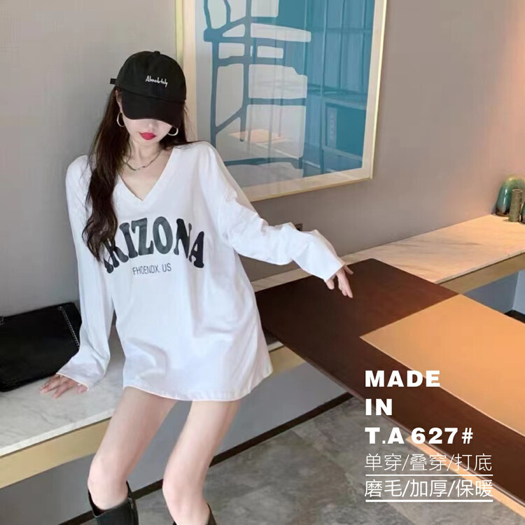 New in autumn! [TA+] V-neck loose letter brushed long-sleeved T-shirt A627# L