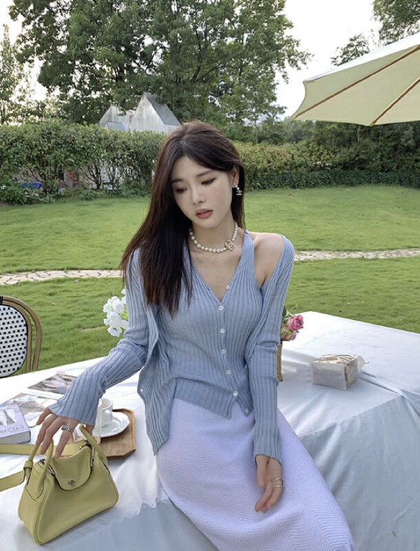 New in autumn!【SAVAGE】Little woman fake two pit strips slim knitted cardigan E9980# WPL