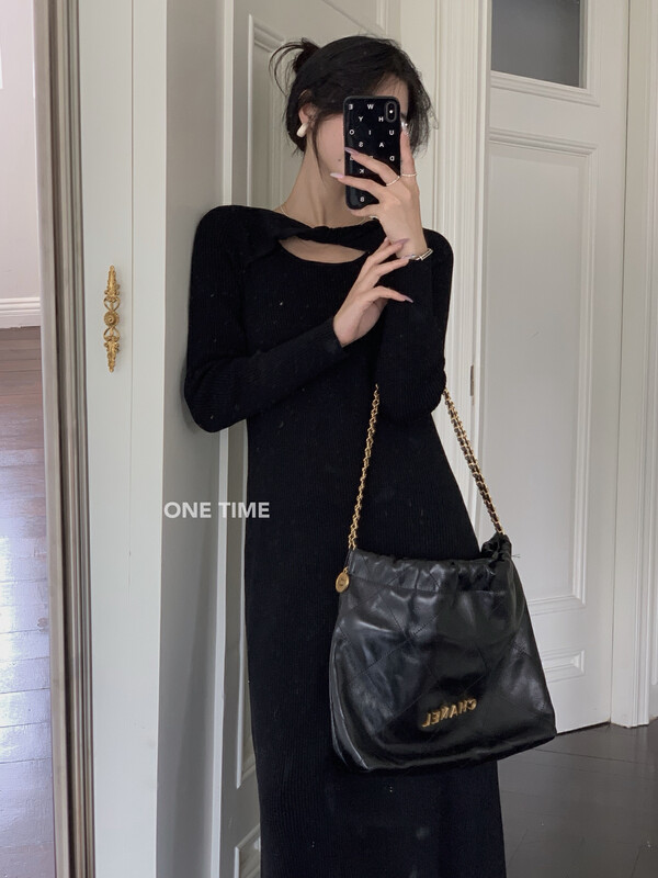 New in winter!【ONE TIME】Knotted Round Neck Hollow Out Thin Dress OT7678# JHY