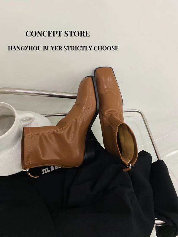 【Concept Store - Object Reverse】Simple Design Square Toe Booties ST-9568# CHO