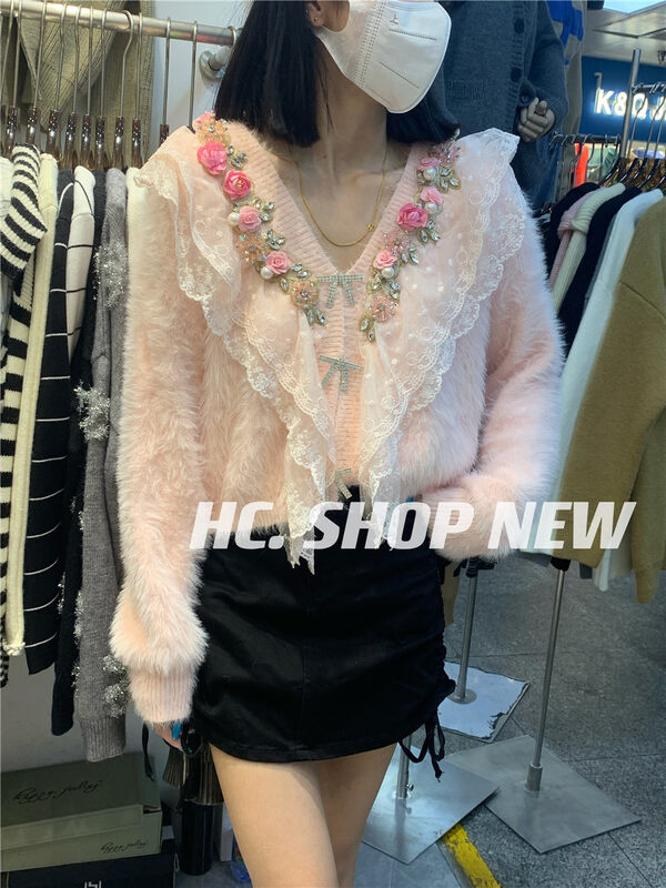 Autumn models are new! [Korean C Home] Little Woman Heavy Industry V-neck Flower Knit Cardigan 22032# PCZ