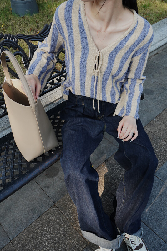 【NEIHE】French retro V-neck tie stripe colorblock knitted sweater long-sleeved T-shirt 88101# JHY