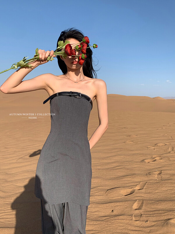 【NEIHE】Short temperament tube top dress (with belt) 88015