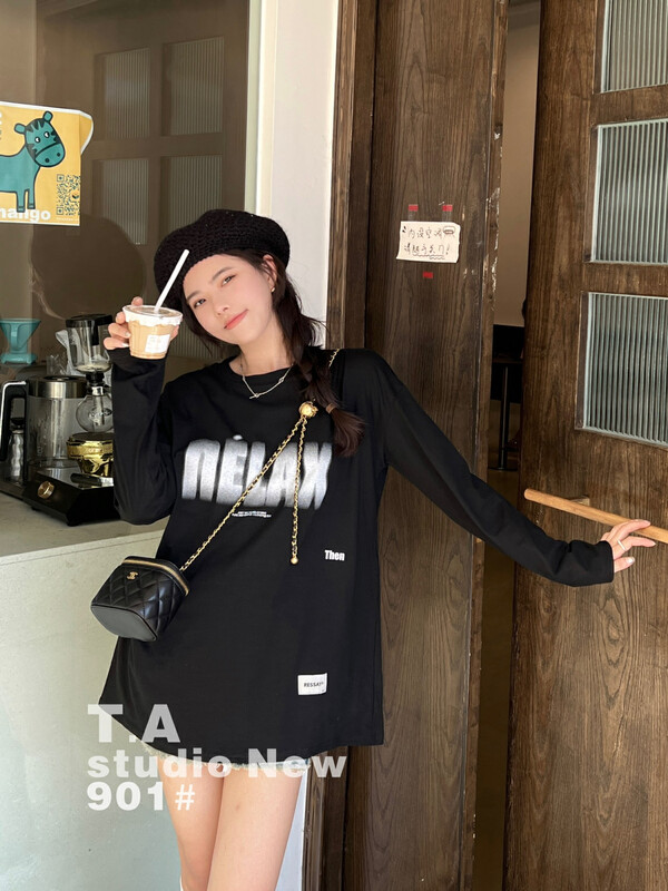 New in autumn! [TA+] Letter printed loose long-sleeved T-shirt 0901# L