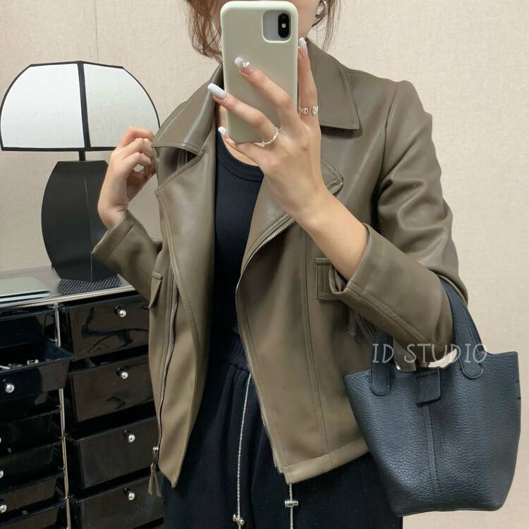 【I-D】Korean style all-match pocket zipper leather short jacket Y8533# L