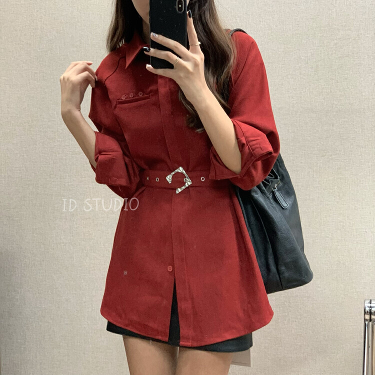【I-D】Korean version all-match solid color dress (with belt) Y8518# L