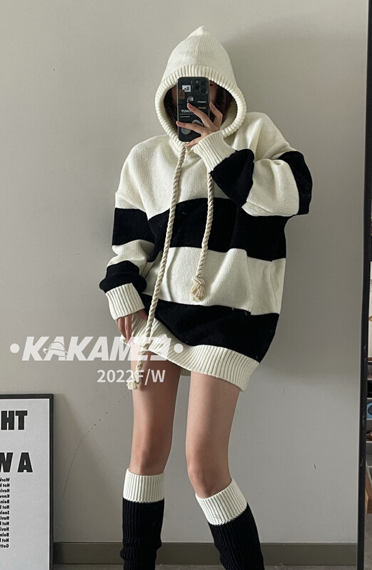 【KAKAMEE】Lazy style striped hooded sweater jacket autumn and winter new style sweater design American loose knit 1956