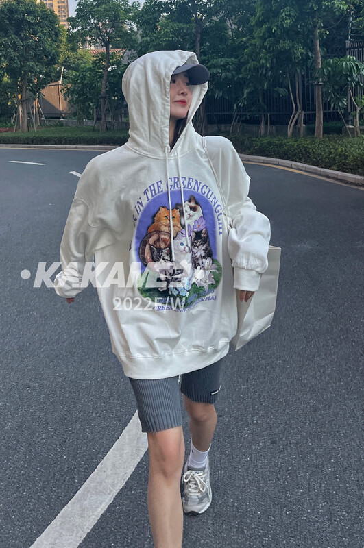 [KAKAMEE] New American style old washed cartoon cat hooded sweater loose and casual slimming S802