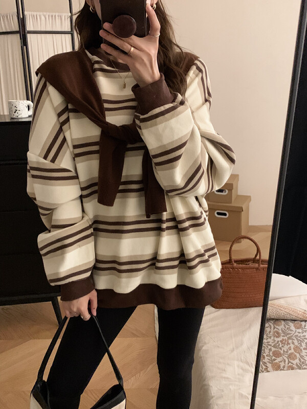 New in winter!【M.ZI STUDIO】Classic round neck striped contrast color sweater 3957-1# HBX