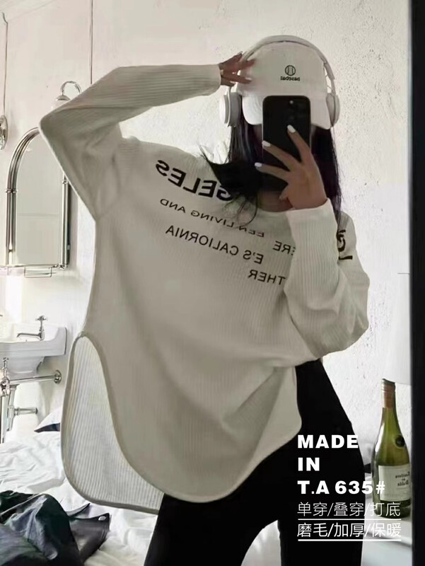 [TA+] Round neck letter print brushed long-sleeved T-shirt 635# L