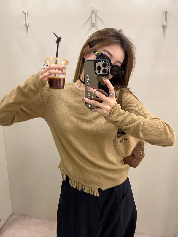 【SAVAGE】All-match solid color hem stitching irregular fringed knitted sweater S1128# WPL