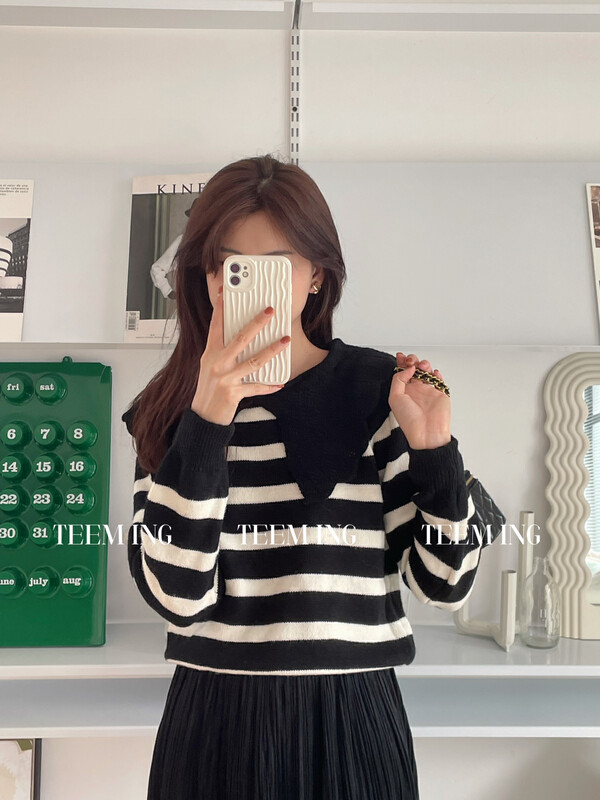 【TEEM ING】Korean style large lapel striped warm sweater 22T652# HJY