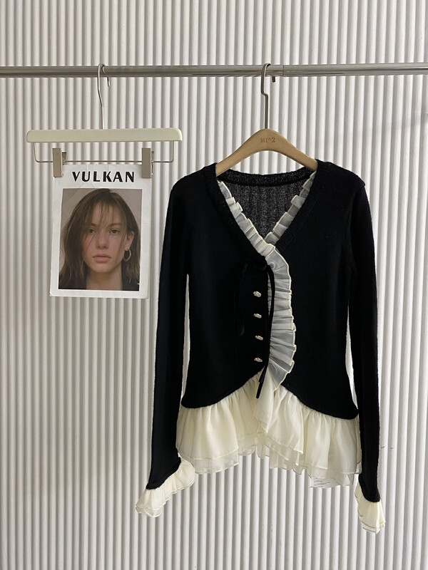New for winter!  【MI2(N:AA)】Vintage hem stitching contrast color ruffled slim shirt E9492# JJ