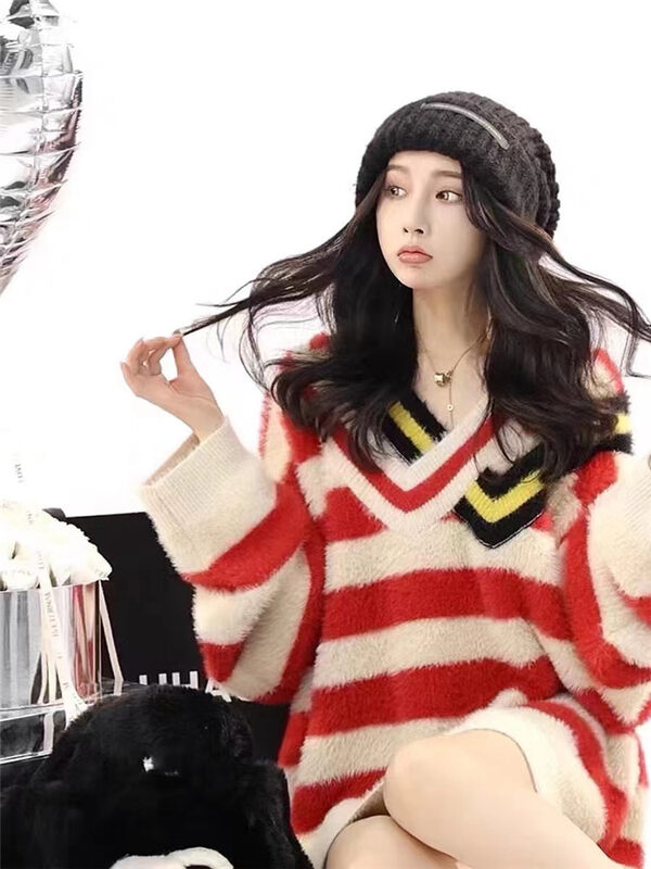 New autumn and winter! [Korean C home] casual large version V-neck striped warm sweater 0750# PCZ