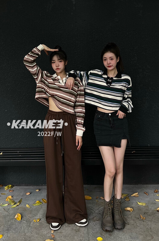 Original price 66.55! 【KAKAMEE】Chinese Short High Waist Polo Shirt Striped T-Shirt Women Loose Long Sleeve Sweater N05