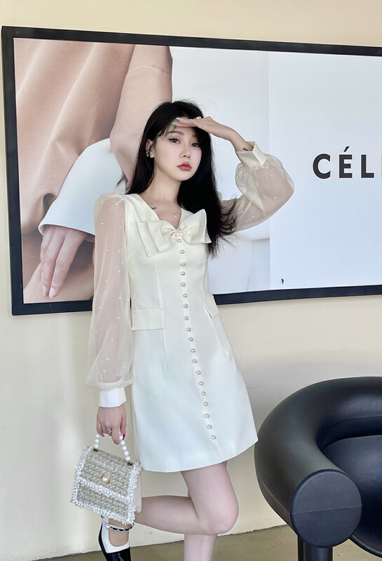 New in early autumn! [MI2 (N: AA)] V-neck bow temperament stitching dress E9469# JJ