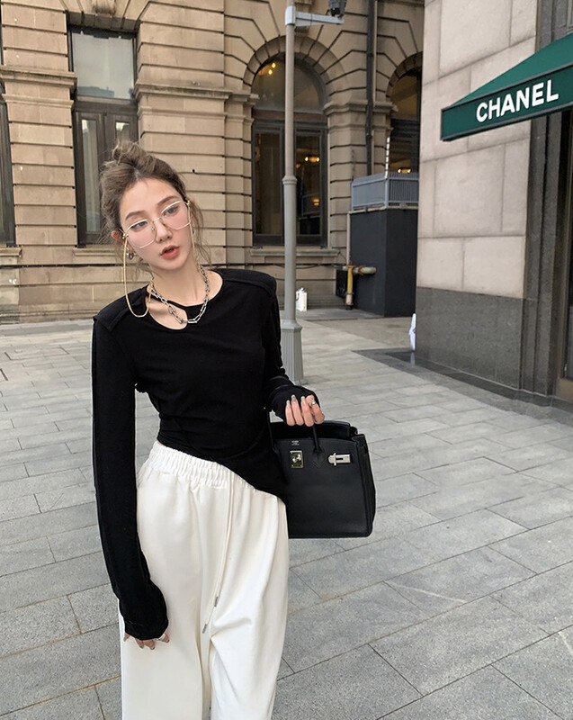New in winter! [SAVAGE] All-match hot girl style digging irregular design long-sleeved T-shirt S1119# WPL