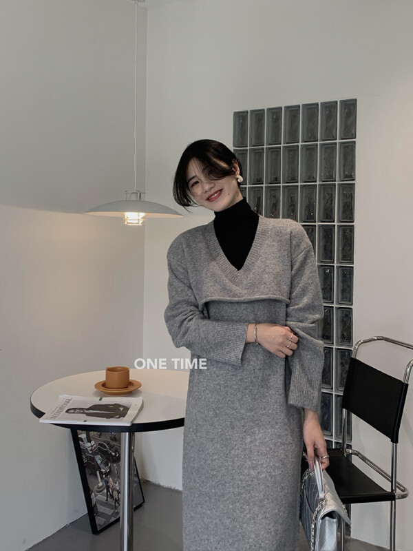 【ONE TIME】V-neck wool fake two-piece casual dress OT7621# JHY