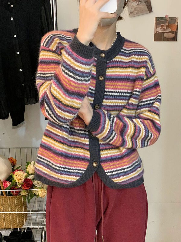 New in winter!【M.ZI STUDIO】Round Neck Striped Contrast Color Warm Sweater 593# HBX