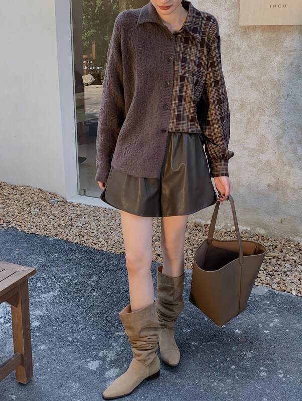 【NEIHE】Designed knitted stitched plaid long-sleeved shirt 88123# JHY