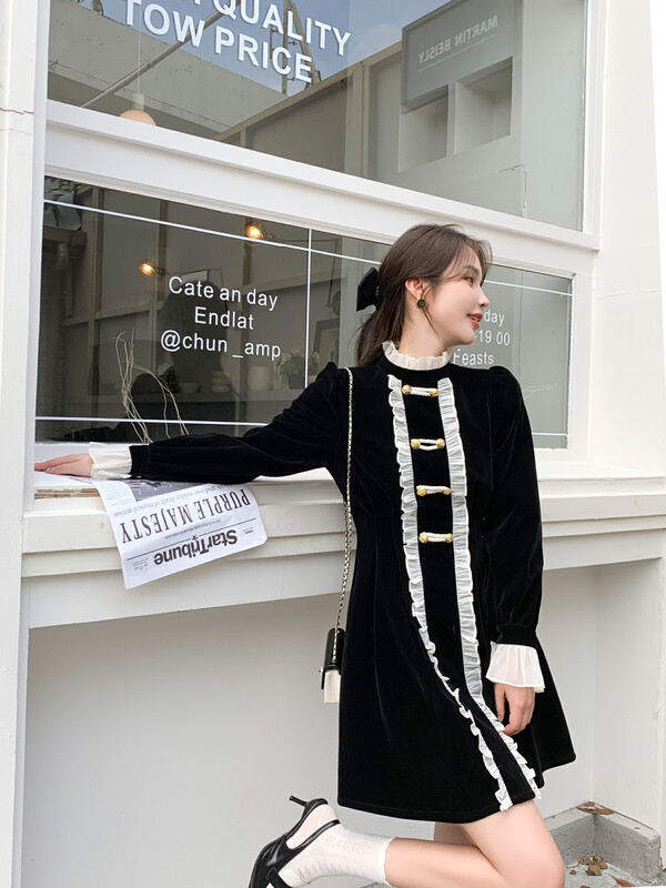 【MI2(N:AA)】French high-end velvet stitching lace dress B6500# JJ