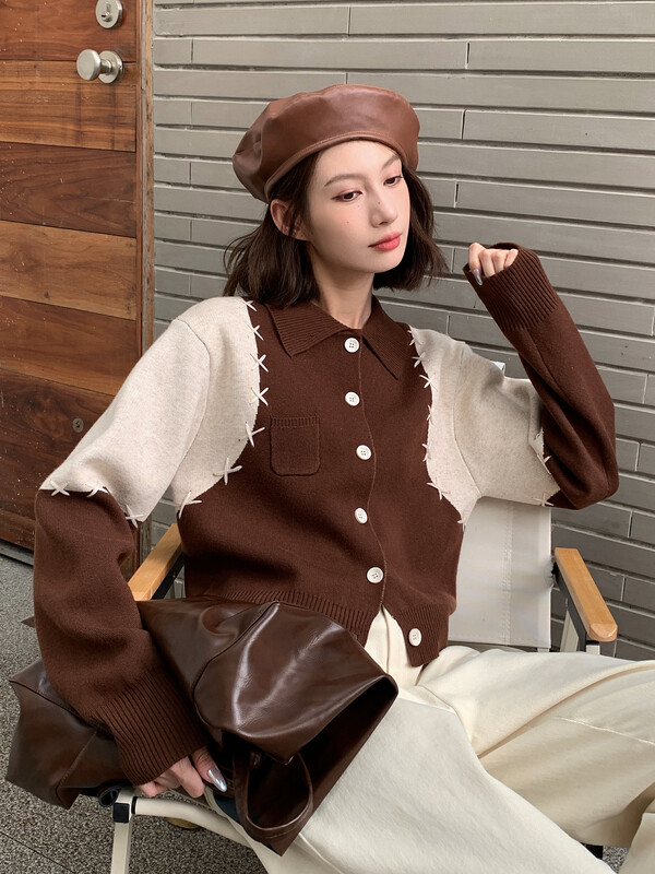 【NEIHE】Contrast color stitching lapel single-breasted knitted cardigan sweater 6228# JHY