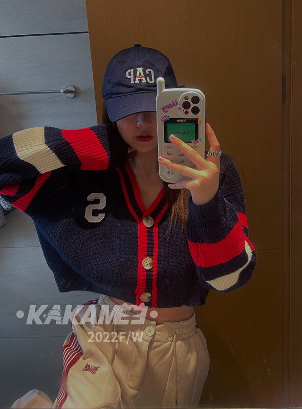【KAKAMEE】College style contrast color all-match sweater cardigan knitted cardigan 1820