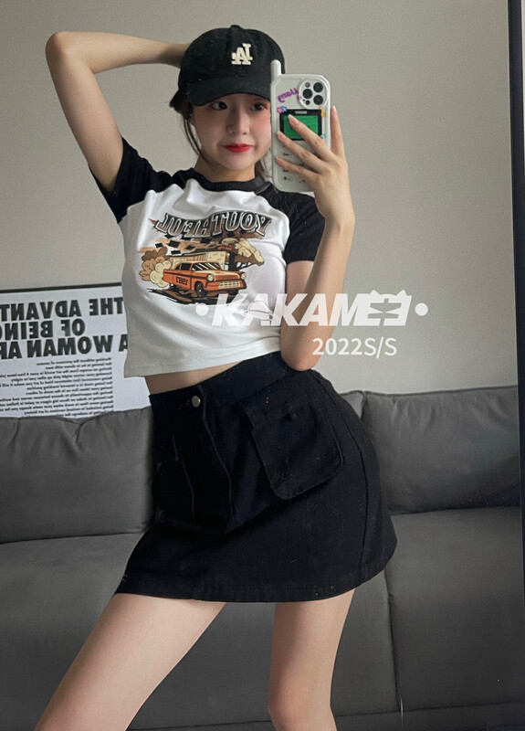 [KAKAMEE] Retro American car raglan sleeves contrast color short-sleeved T-shirt round neck cotton slim short s663