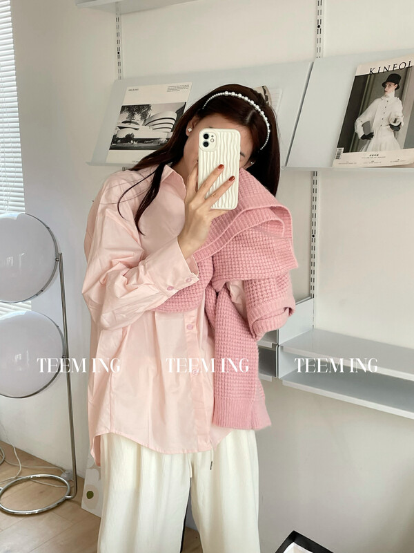 【TEEM ING】Korean Candy Color Sweater + Loose Solid Color Shirt Set 22T673# HJY