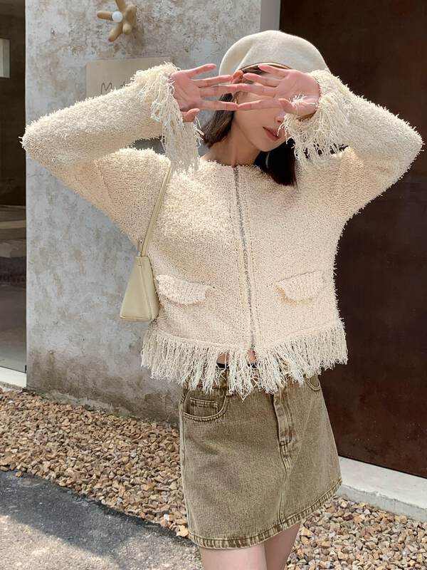 【NEIHE】Fringed Knit Cardigan Small Fragrance Sweater Short Jacket 6275# JHY