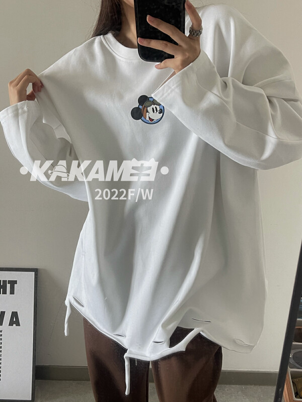 [KAKAMEE] Plus thin velvet pure cotton wash soft hole universal collocation artifact loose pattern T long-sleeved T-shirt 5276