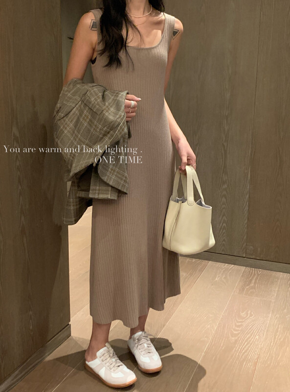 【ONE TIME】Simple Solid Color Neat Vest Long Dress OT7356# JHY