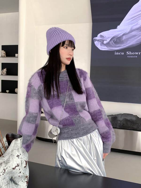 【NEIHE】Contrast color plaid round neck warm sweater cardigan warm sweater 6263# JHY