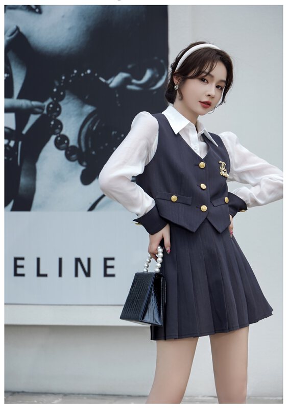 New in early autumn! [MI2 (N: AA)] puff sleeves solid color shirt + all-match pleated slim skirt suit (without vest) E9432# JJ