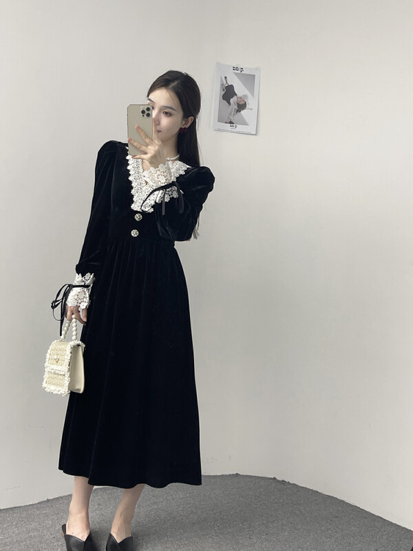 【MI2(N:AA)】French style V-neck lace trim dress A3485# JJ