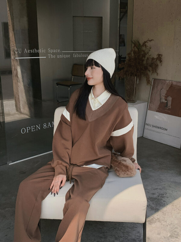 【NEIHE】V-neck long-sleeved striped contrast color casual sweater sweater 88112# JHY