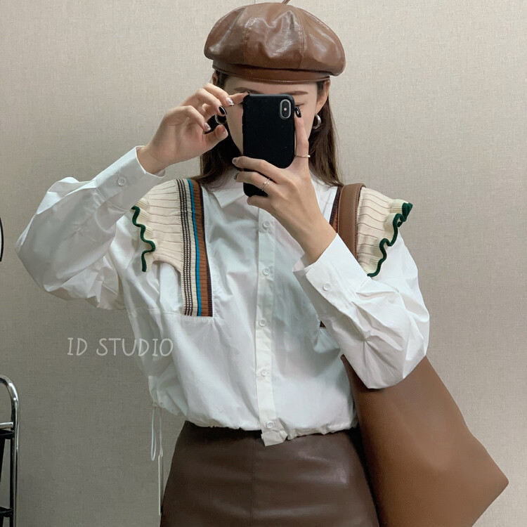 Original price 65.42! New in autumn! [I-D] Korean style stitching lace shirt Y8519# L