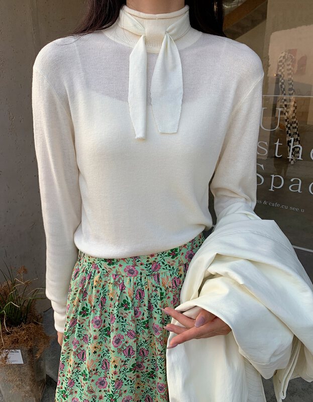 【NEIHE】Half turtleneck bottoming shirt with tie design long-sleeved T-shirt bottoming shirt 6197# JHY