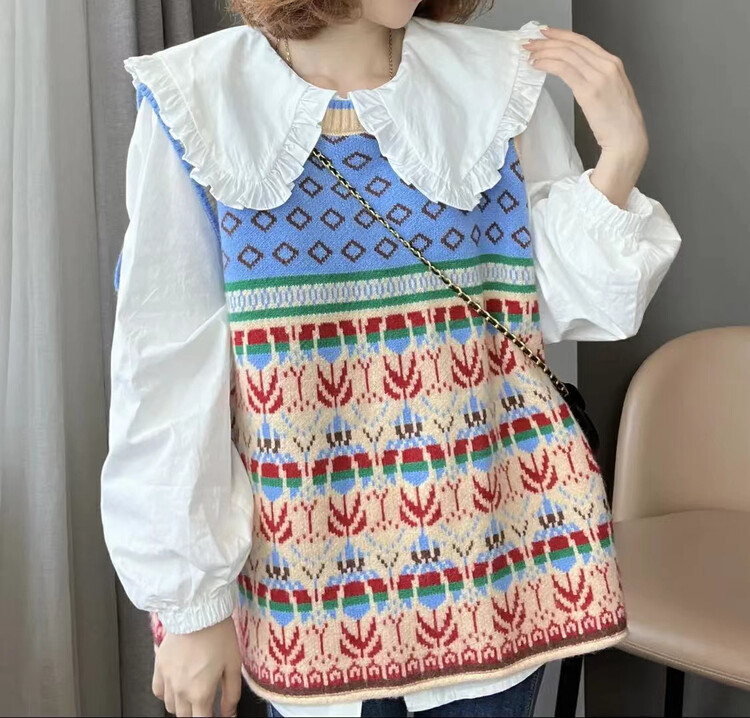 New in autumn! [I-D] Korean loose all-match shirt + all-match knitted vest suit 3227# L