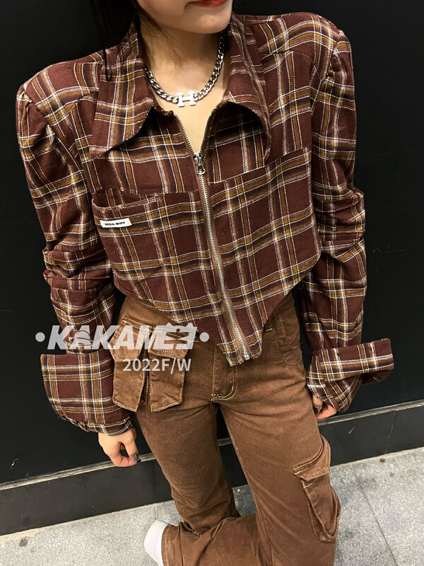 Original price 88.99! [KAKAMEE] Top women's temperament high-end hot girl short POLO collar shirt net red plaid shirt n37