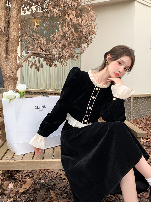 【MI2(N:AA)】French retro contrast color stitching side shirt + high waist mid-length skirt suit A3489# JJ