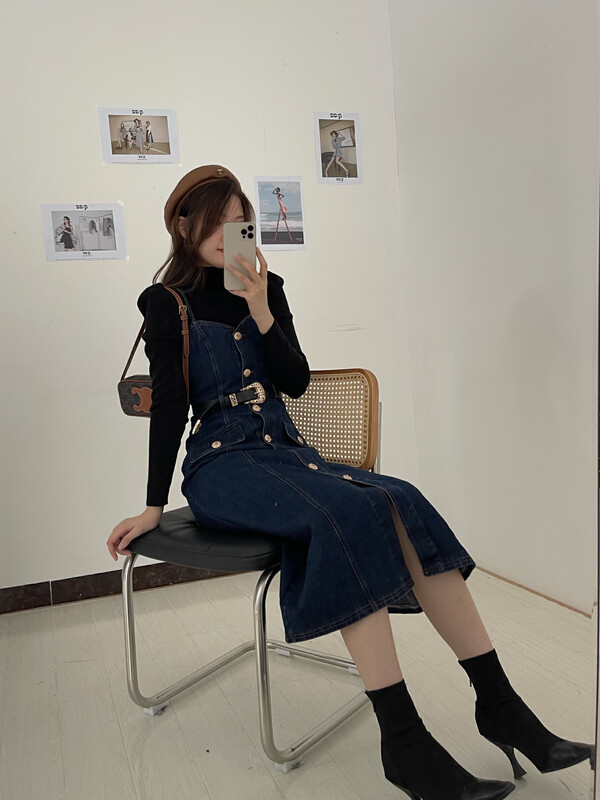 Autumn is new! [MI2 (N: AA)] Simple and versatile bottoming shirt + denim slimming suspender skirt suit (with belt) E9502# JJ