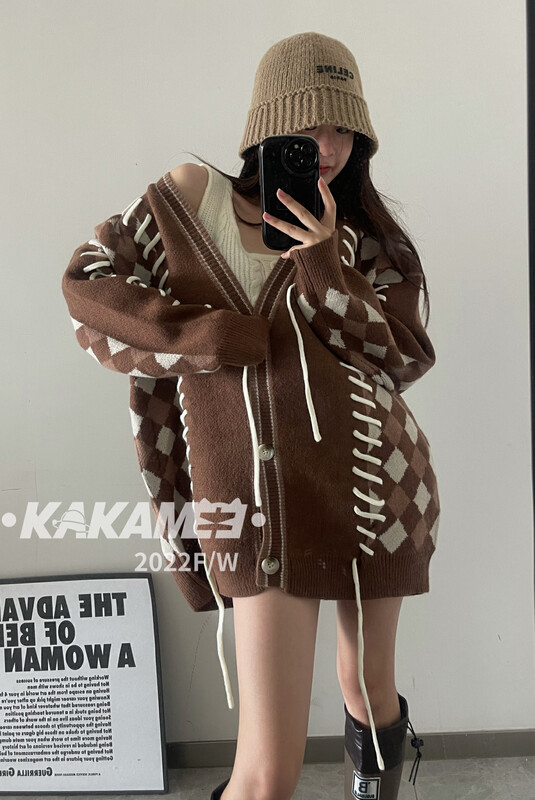 [KAKAMEE] High-quality arctic velvet hand-knitted with rhombus large version sweater cardigan knitted cardigan high-quality arctic velvet hand-knitted 1862