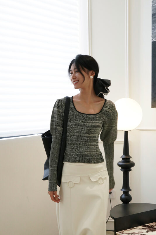 【NEIHE】Square neck puff sleeve striped sweater knitted sweater 6182# JHY
