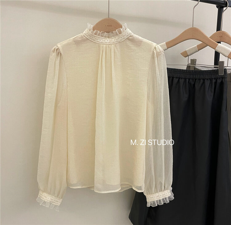 Autumn is new! [M.ZI STUDIO] temperament fungus edge stand-up collar shirt 15196# HBX
