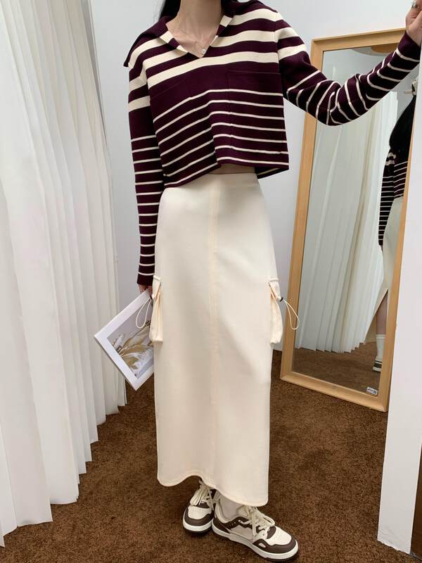 【NEIHE】Nice Lapel Double Pocket Retro Striped Knit Sweater 88082# JHY