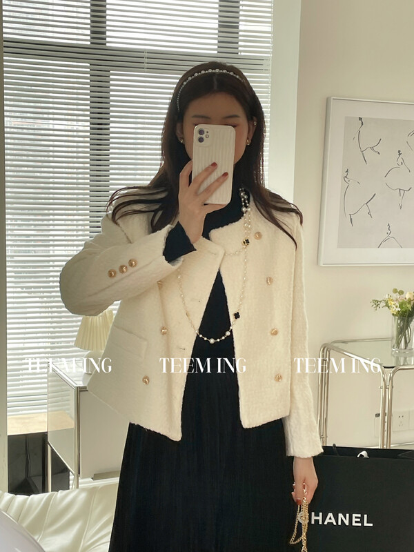 【TEEM ING】Xiaoxiang Double Breasted Tweed Short Jacket (with Chain Bag) 22T663# HJY