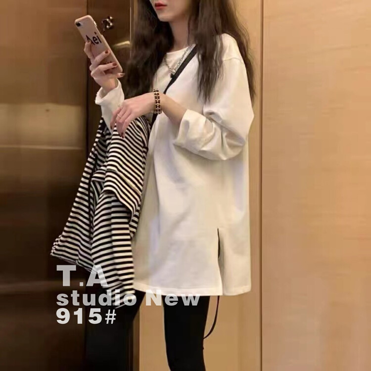 New in autumn! [TA+] Korean version of simple solid color long-sleeved T-shirt 9155# L