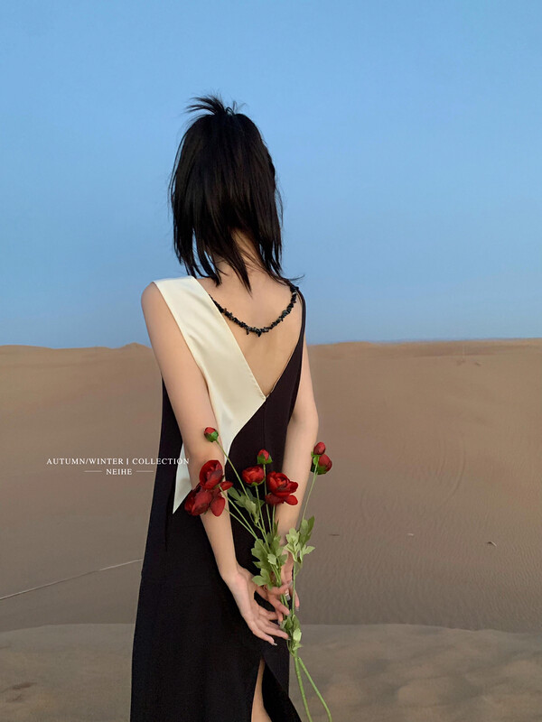 【NEIHE】Contrast color stitching sleeveless dress (with beads) 6098# JHY