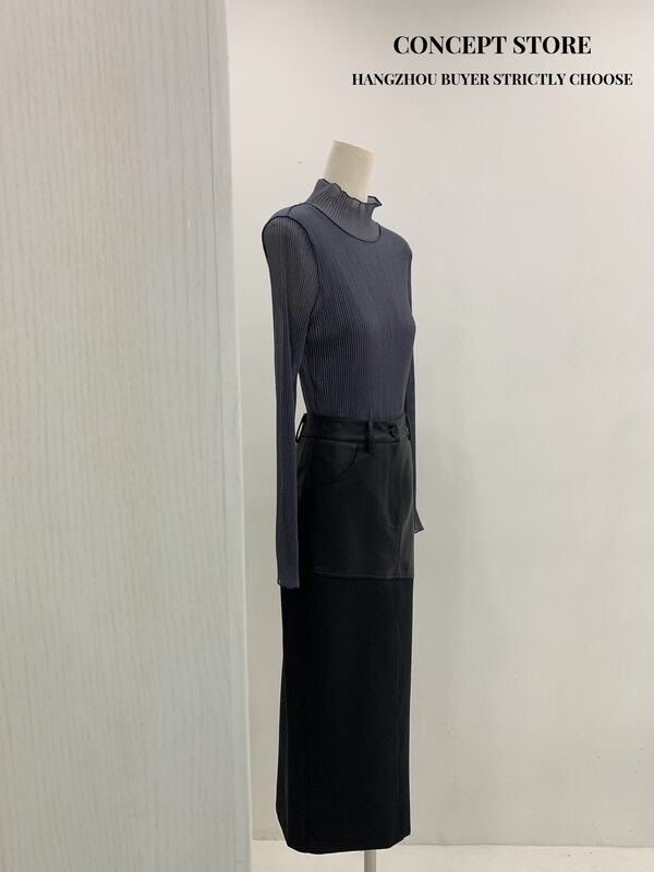 [Concept Store - Object Reverse] Light and familiar temperament striped leather skirt AVR-93587# CHO